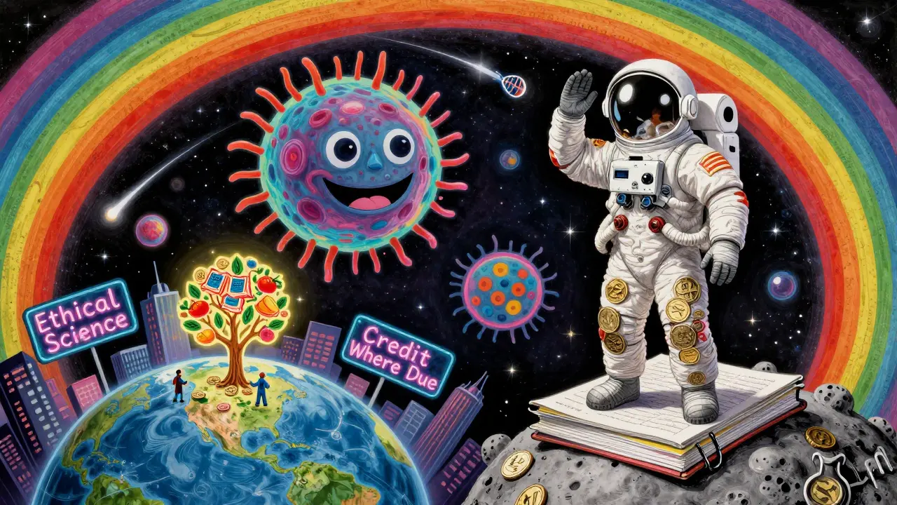 An astronaut made of HELA coins salutes a giant HeLa cell on a moon of books, under a rainbow cosmos.