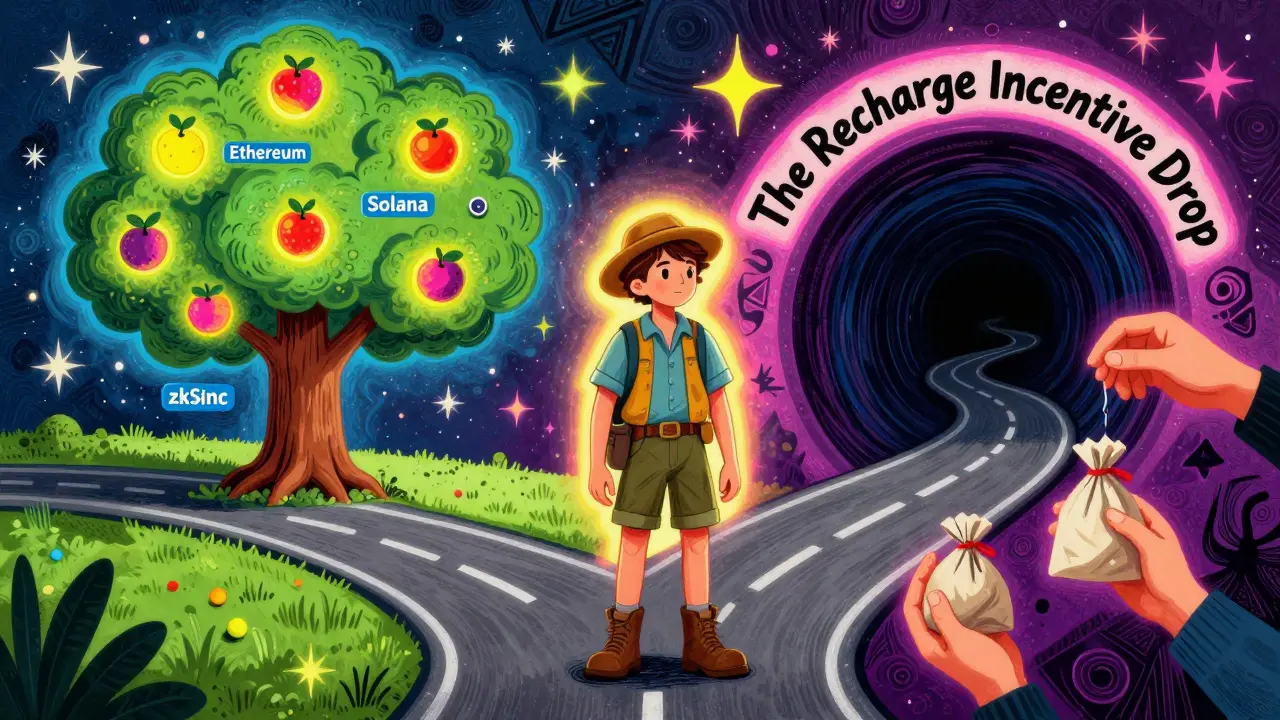 An explorer at a fork in the road—one path to real crypto airdrops, the other to a dark scam tunnel with reaching hands.