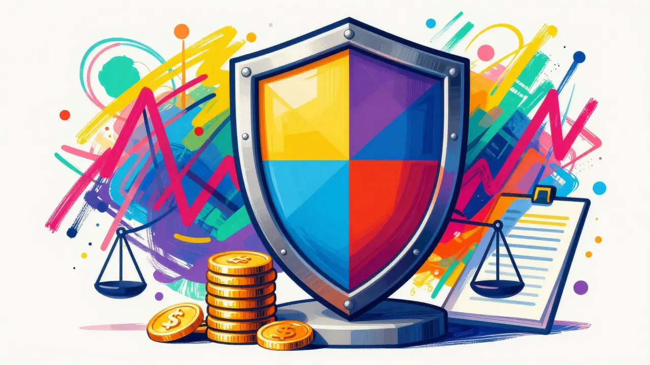 Cartoon shield protecting golden tokens with abstract market background art.