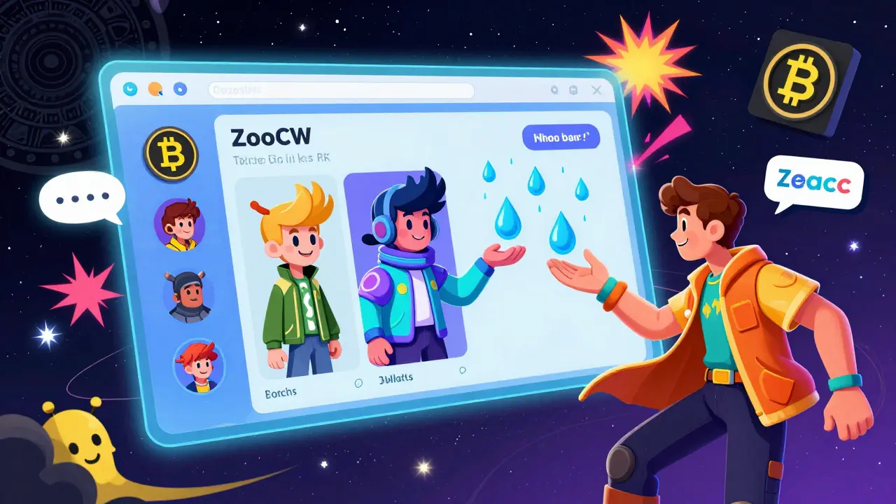 Cartoonish ZooCW team members distributing tokens to active players amid swirling cosmic patterns and Discord-themed floating interfaces.