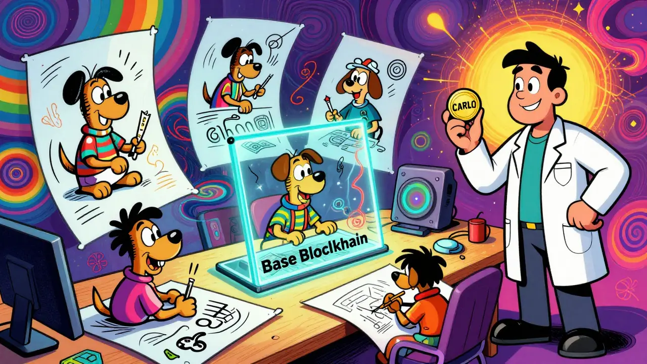Cartoonists drawing Carlo the dog in a Base Blockchain studio, with Jesse Pollak watching, in psychedelic 1970s pop-art style.