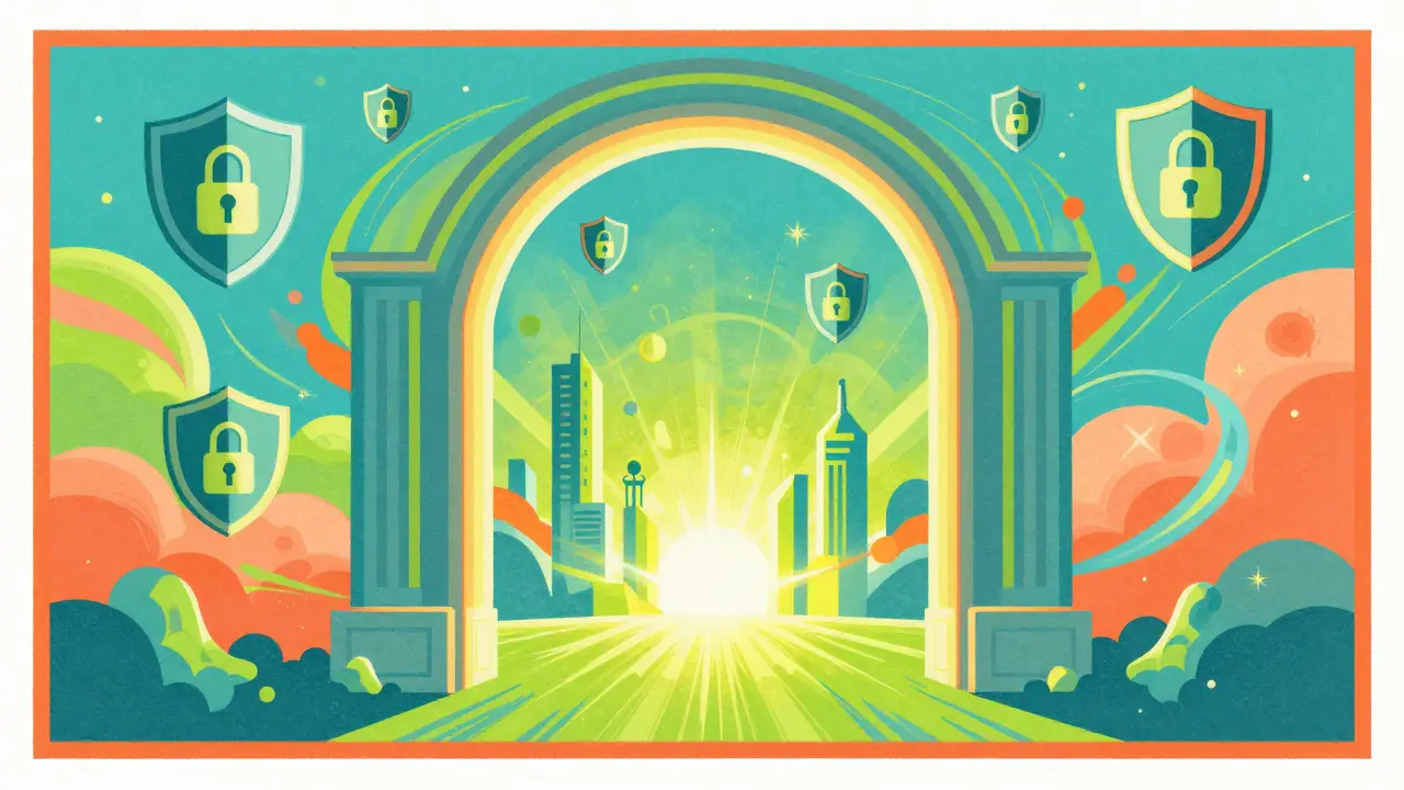 Colorful pop art showing open gate and shields representing financial safety.