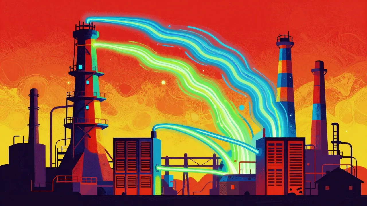 Colorful servers connected to glowing industrial power lines.