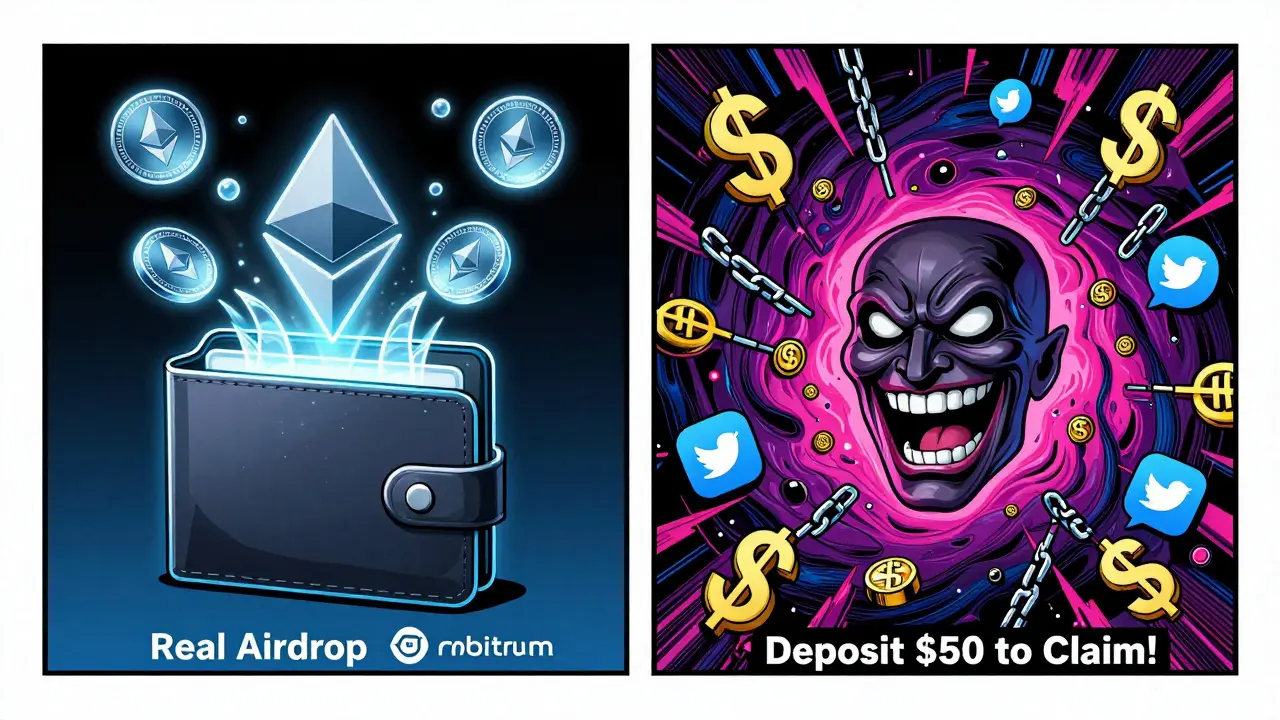 Contrasting scenes: a clean real airdrop on one side, a chaotic scam vortex on the other, in vibrant psychedelic style.
