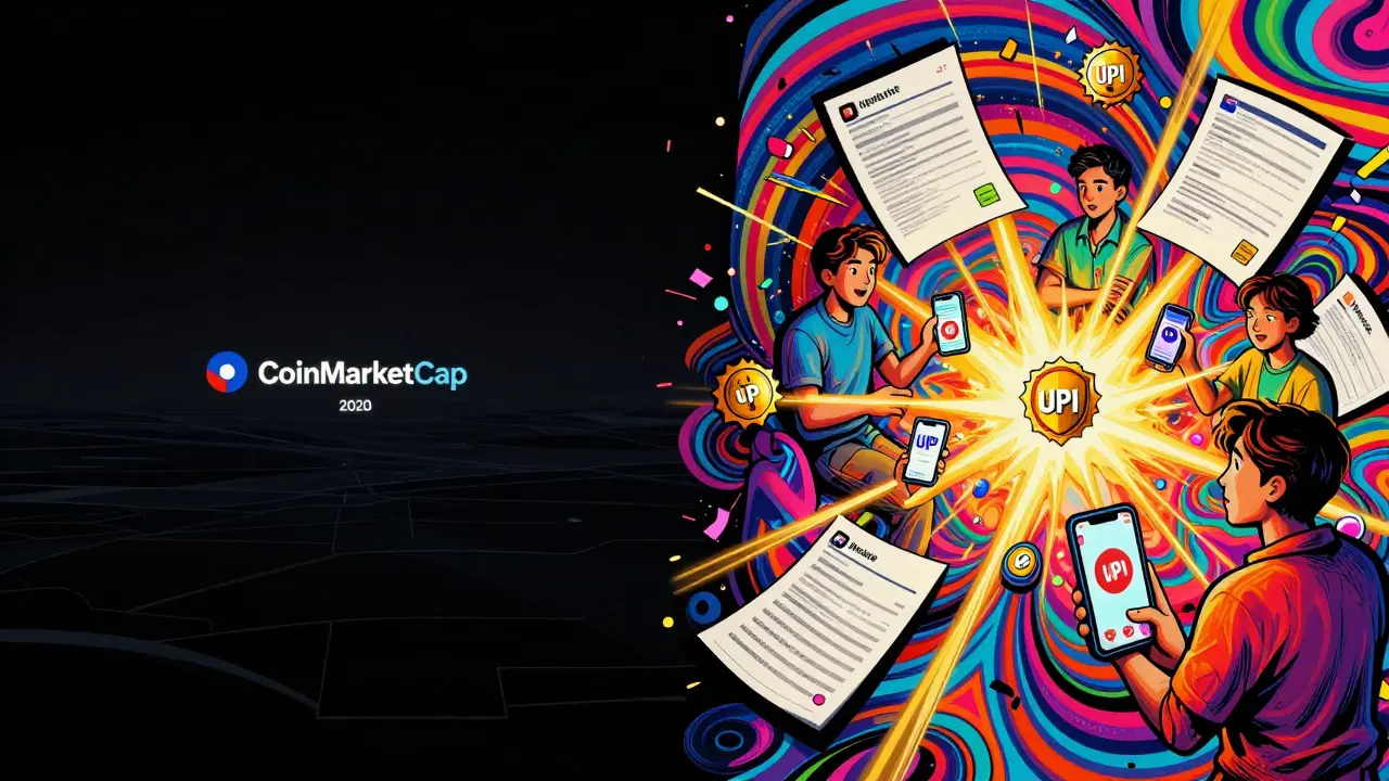 Dark empty digital space vs. vibrant, active trading scene with UPI, apps, and security symbols in psychedelic style.