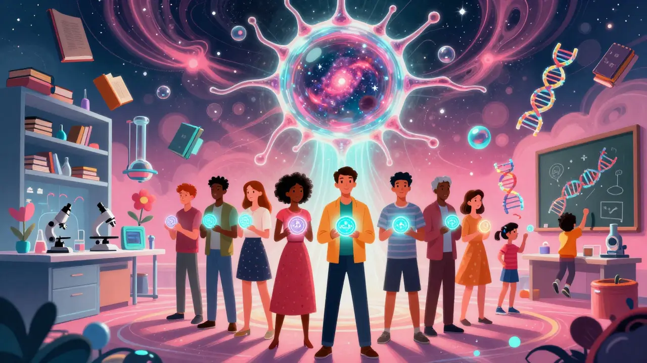 Diverse people holding HELA tokens in a surreal lab where books fly and DNA blooms, all in bright psychedelic colors.