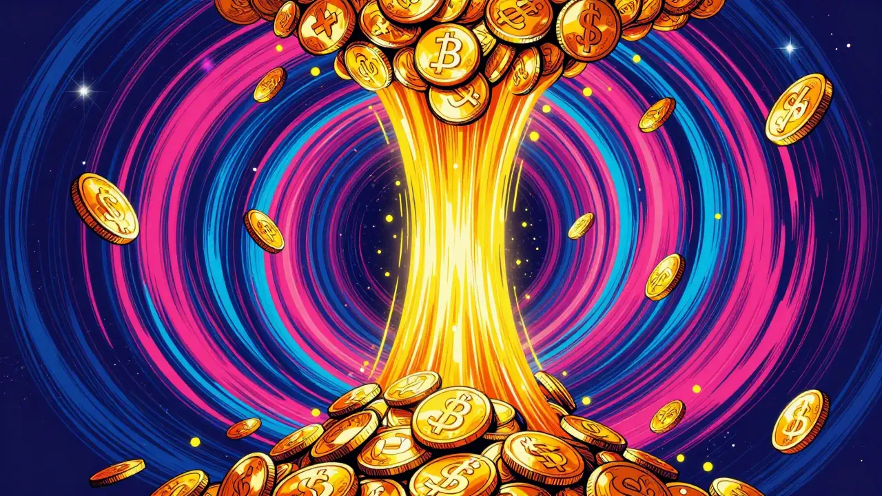 Golden coins flowing through a glowing tunnel in psychedelic art.