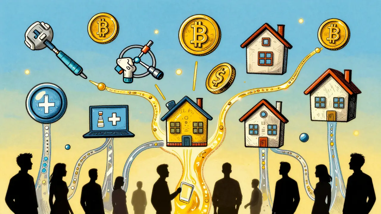 Icons of healthcare finance and housing float connected by shining data rivers.