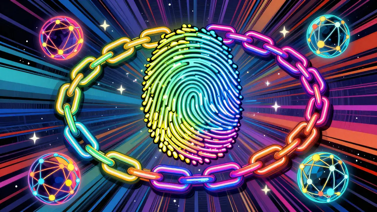Neon fingerprint spiraling into chain links connecting floating network node spheres.