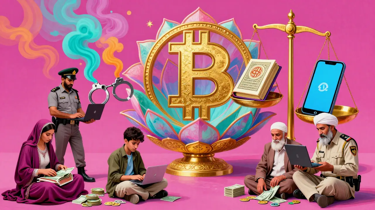 Ordinary Afghans trade crypto in a marketplace under a giant Bitcoin lotus, while police seize devices.