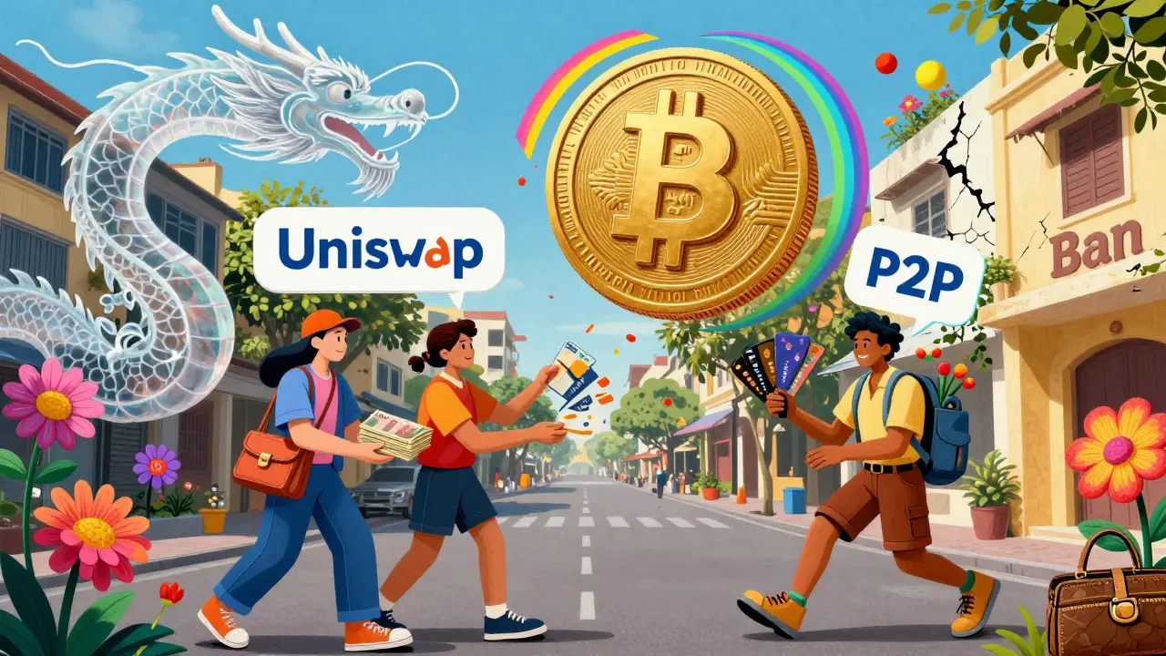 People trading crypto via P2P and gift cards under a floating Uniswap logo, surrounded by rainbow Monero coin and blockchain dragon.