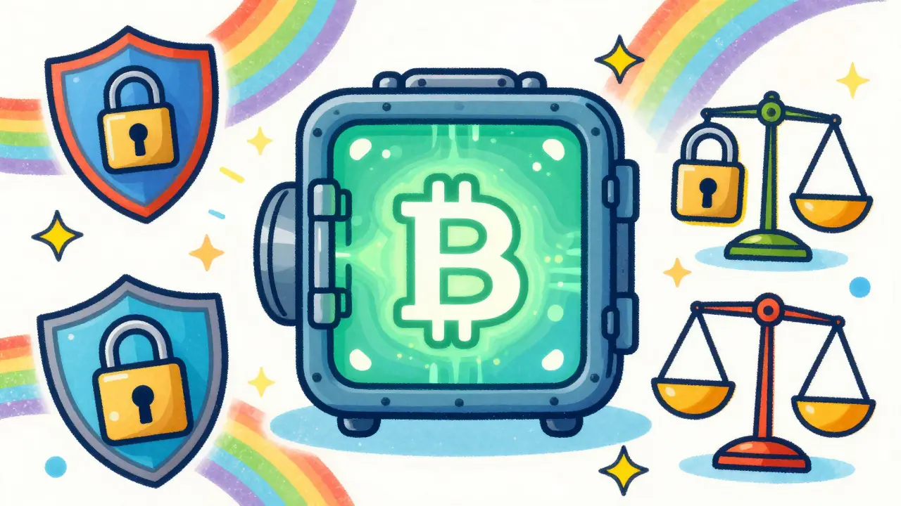 Pop art illustration of digital vault with security shields and colorful swirls