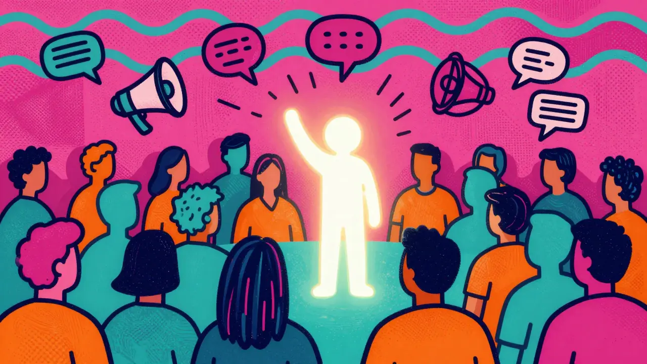 Psychedelic cartoon showing one winner standing out among a colorful crowd.