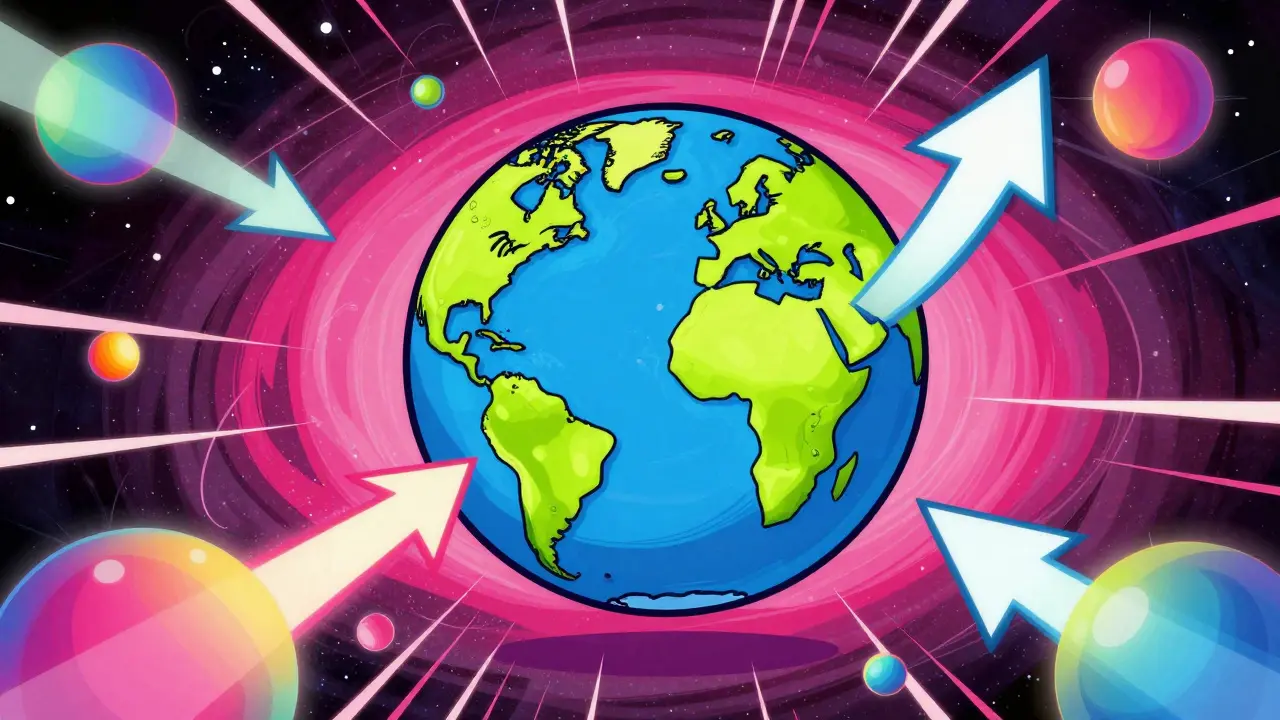 Psychedelic globe with rising light trails and rainbow stars.