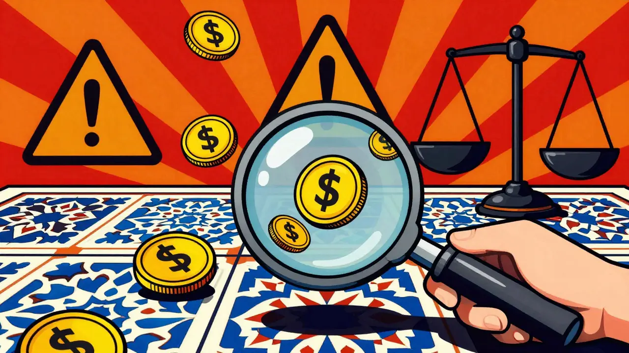 Psychedelic pop art showing magnifying glass over digital coins near tiles implying financial risk.