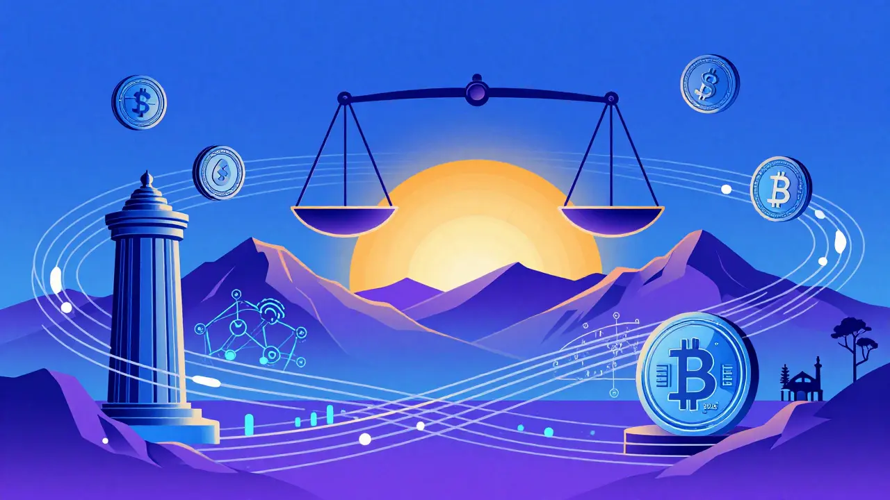 Retro illustration of digital tokens over Atlas mountains with balanced scales representing regulation.