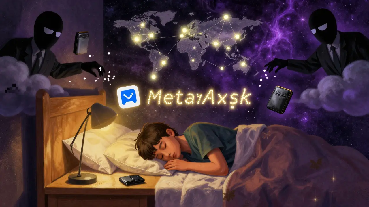 Someone sleeping at a desk with floating crypto wallets and glowing seed phrase, while regulators dissolve into confetti.