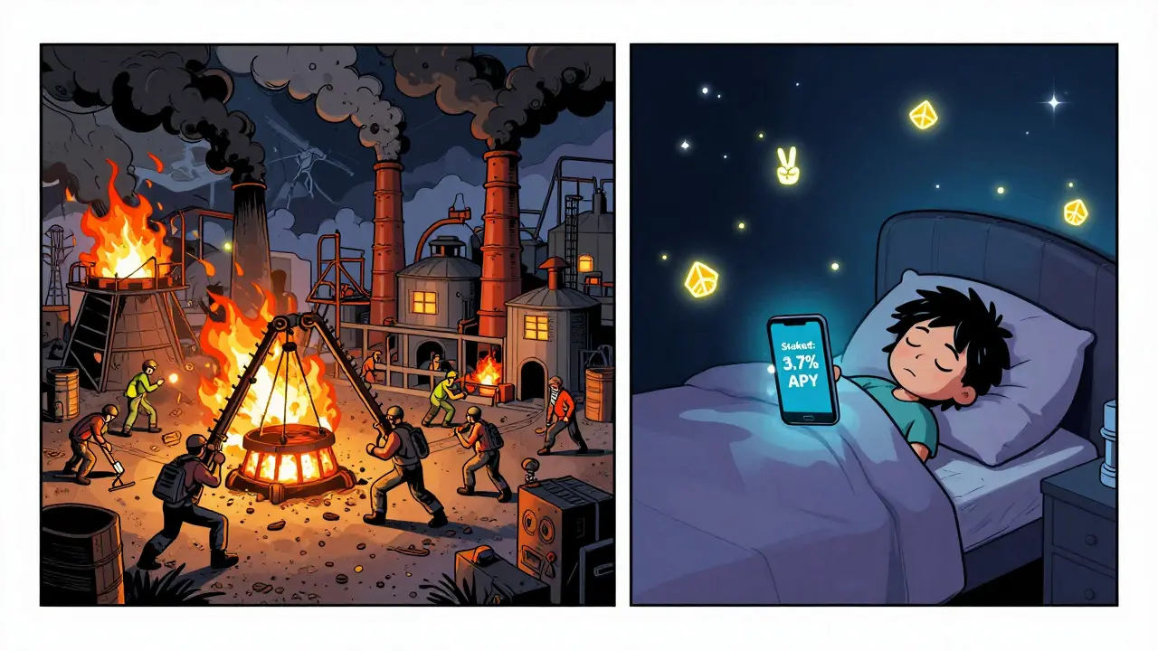 Split scene: chaotic mining factory vs. peaceful staking bedroom with glowing notification