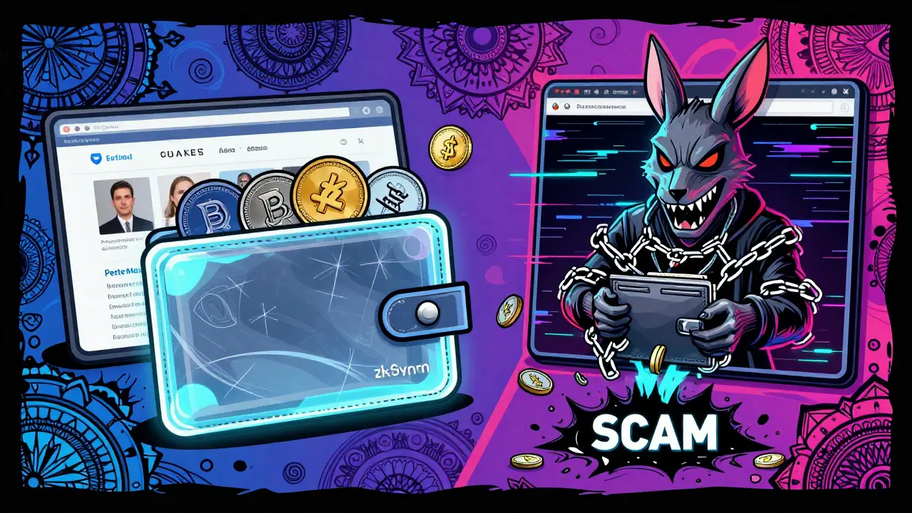 Split scene: real crypto wallet beside verified site vs. glitching fake site draining coins into a black hole.