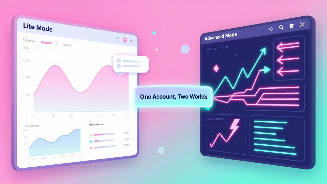 Split-screen trading interface showing Lite and Advanced modes with glowing pastel and neon elements in Peter Max style.