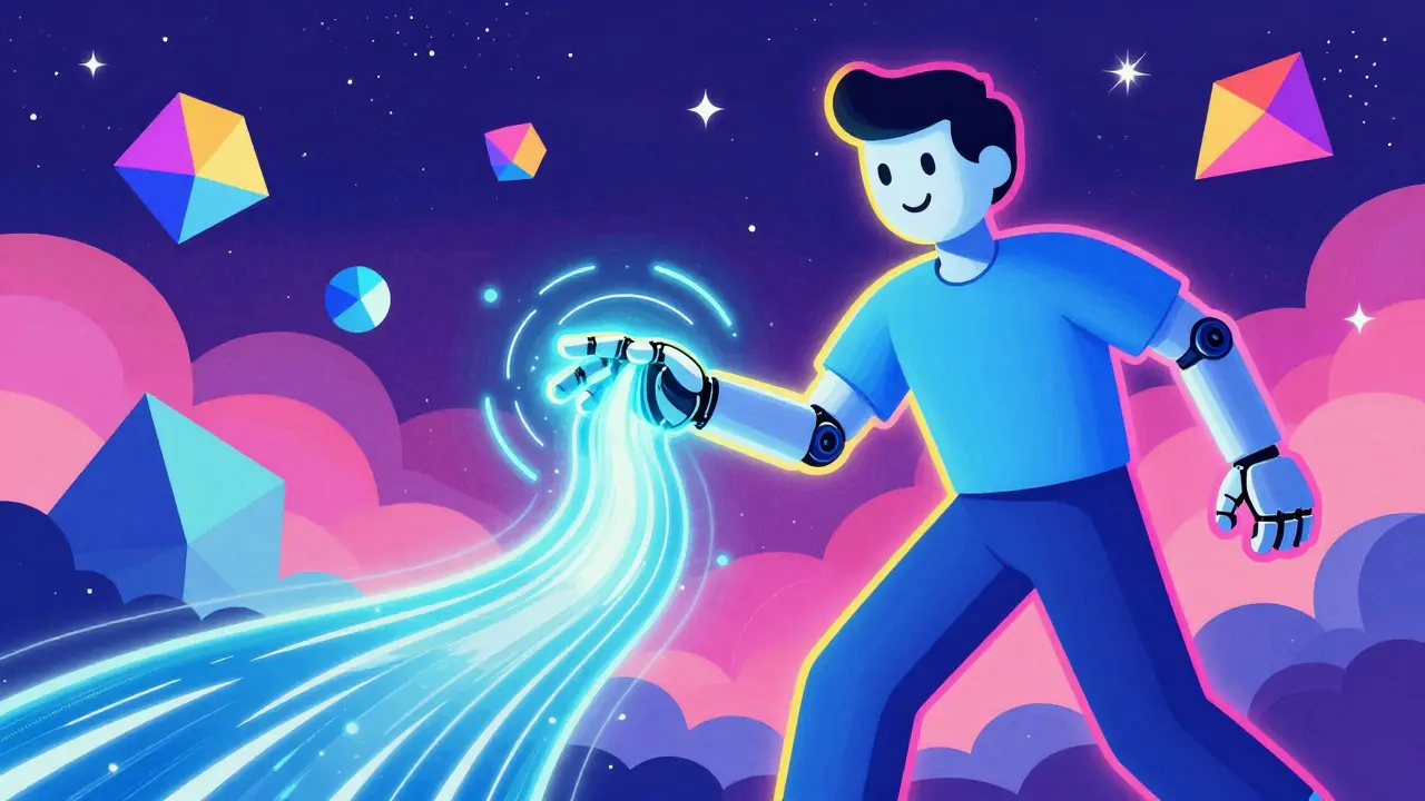 Stylized figure managing glowing shapes in a cosmic Peter Max scene.