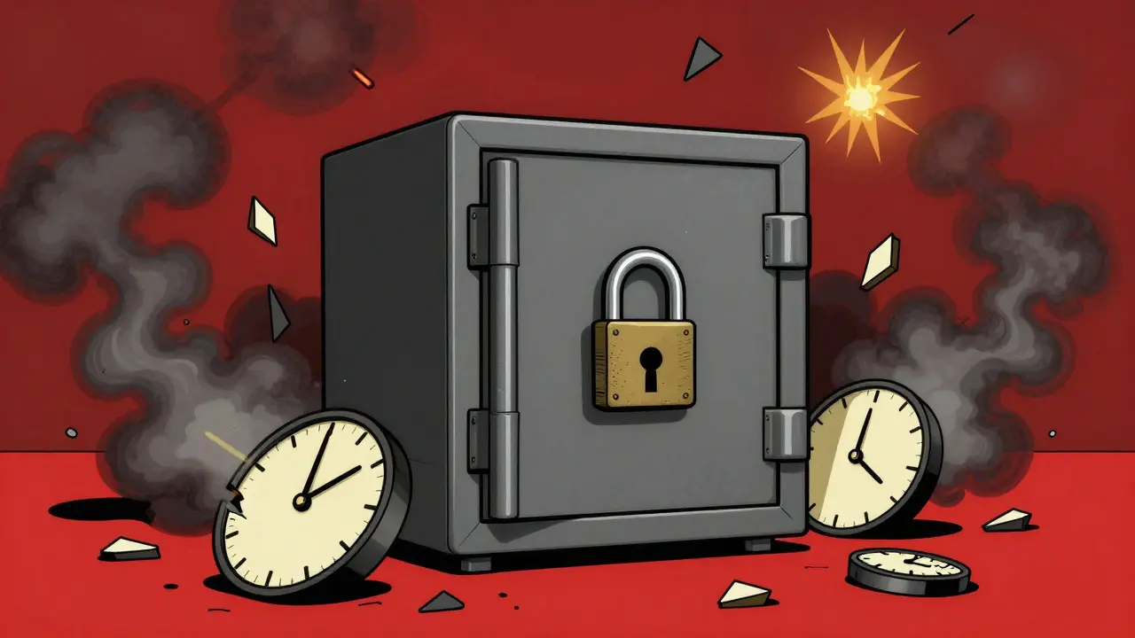 Stylized illustration of a locked vault and broken clocks in bold colors.