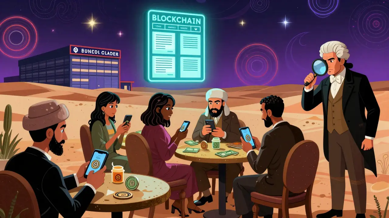 Underground traders exchanging cash for crypto in a Cairo cafe, with blockchain and watching banker in vibrant cartoon style.