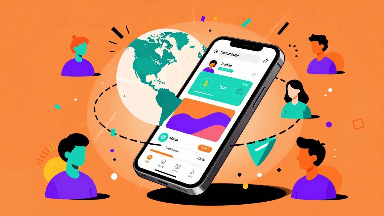 Whimsical drawing of smartphone trading with orbiting globes and stars