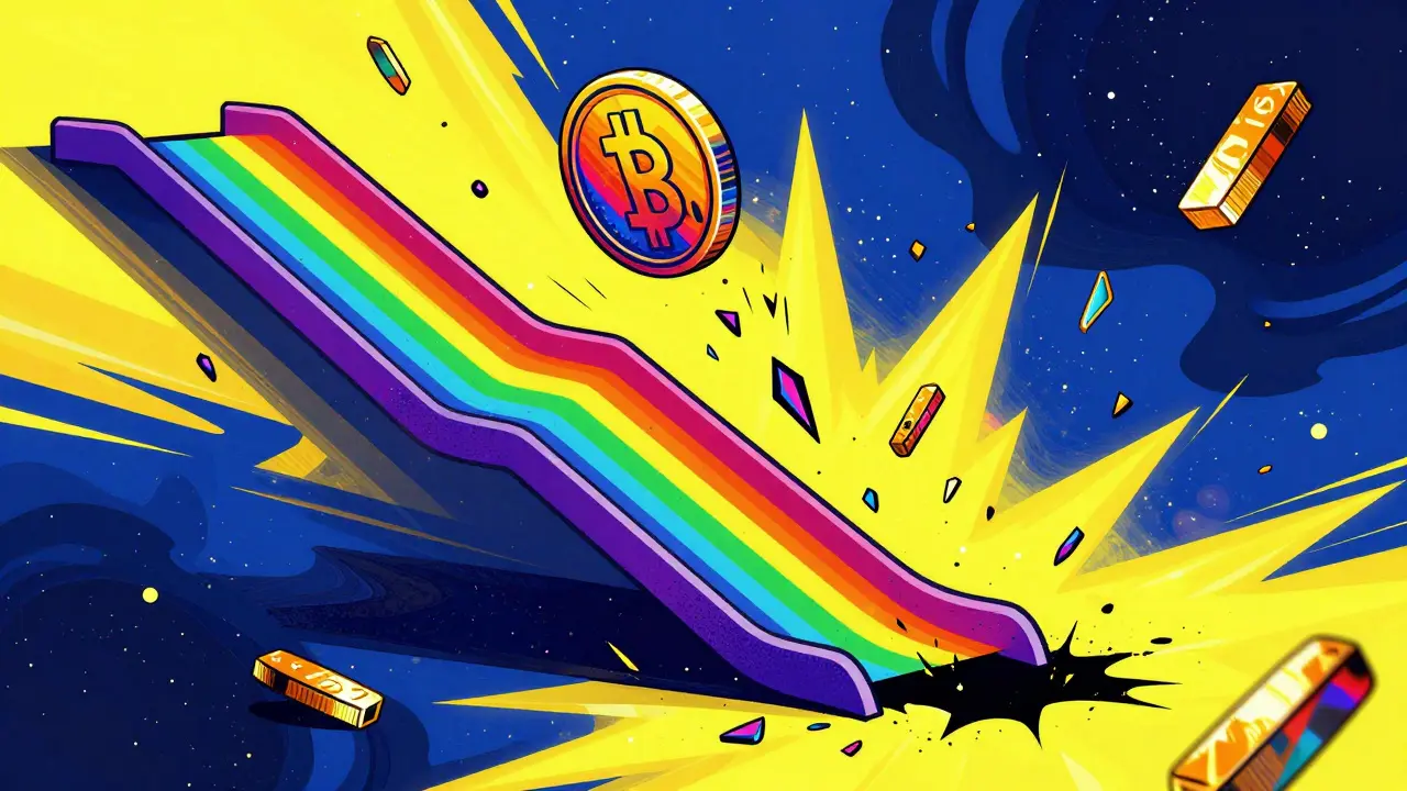 A colorful cryptocurrency coin sliding down a rainbow path into a void.