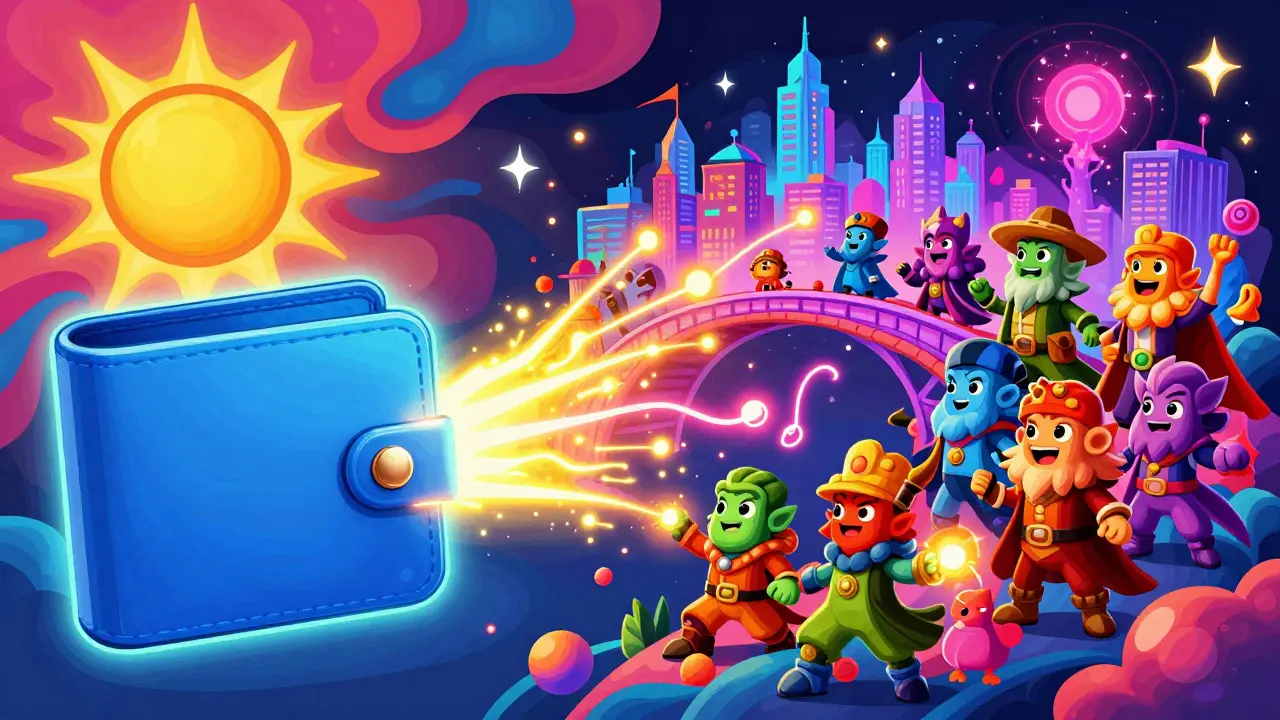A cosmic illustration of a digital wallet powering a group of colorful fantasy heroes.