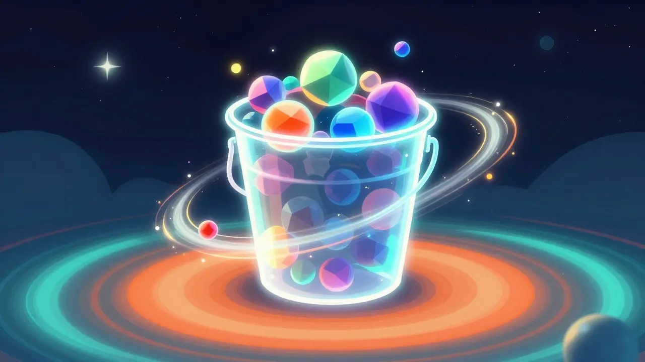 A giant neon bucket of glowing digital assets floating in a psychedelic space.