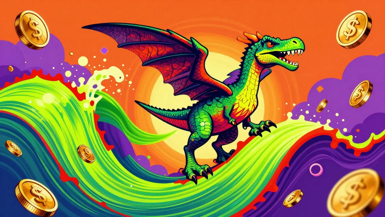 A raptor riding a neon colored price wave with floating gold coins in a pop-art style.
