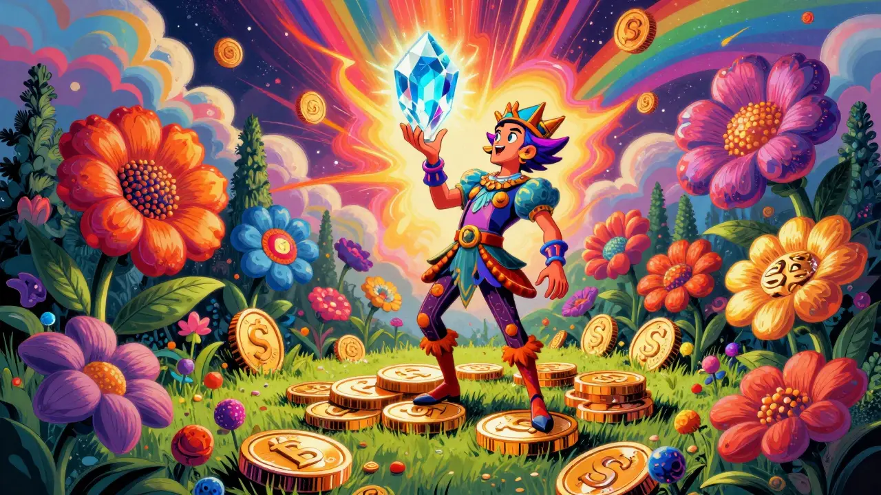 A vibrant surreal garden with coin-shaped flowers and a fantasy hero holding a glowing jewel.