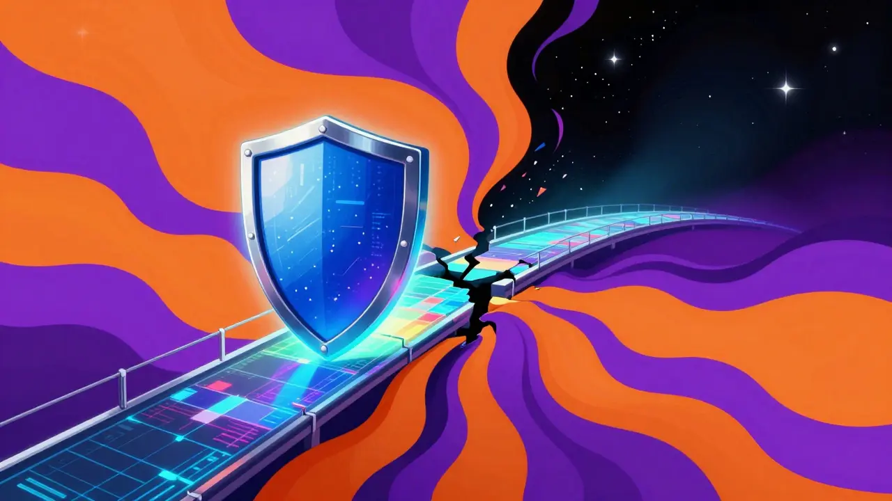 Abstract colorful depiction of a broken digital bridge symbolizing a security trust gap.