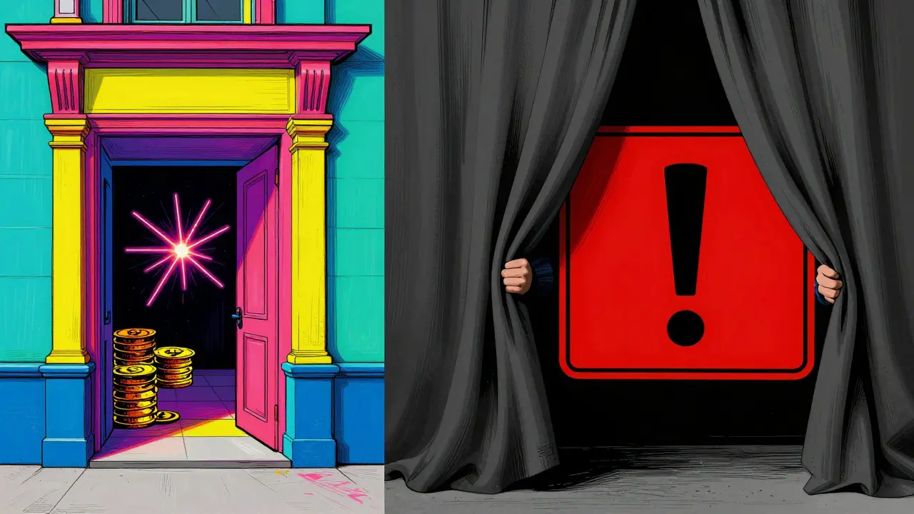 Abstract illustration of a colorful facade hiding a red warning symbol
