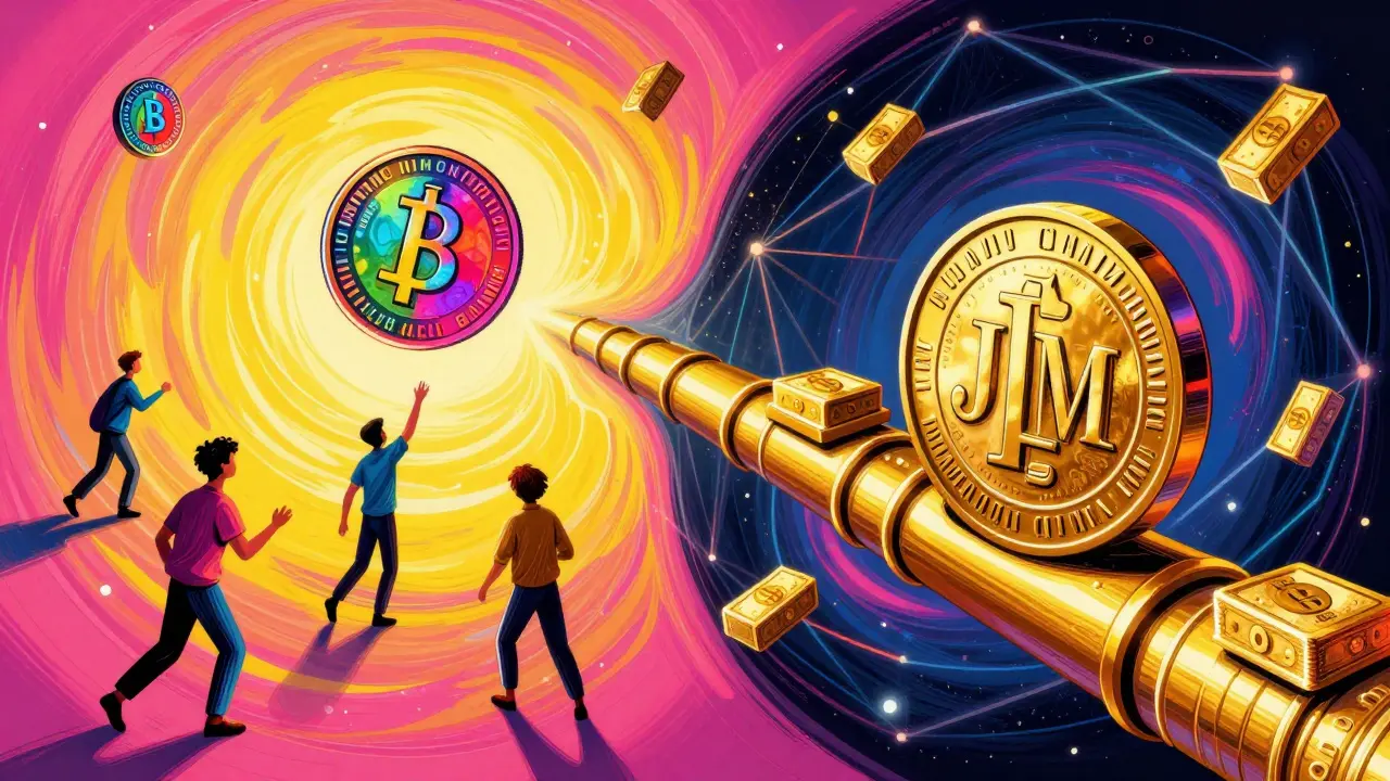 Colorful art showing retail traders chasing a token versus institutional gold moving through a tunnel.