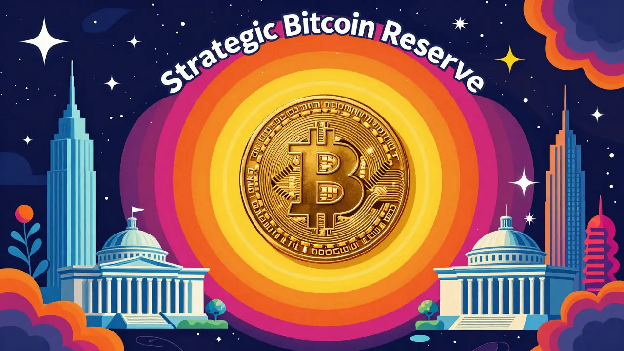 Colorful cosmic artwork of a golden Bitcoin as a strategic national reserve