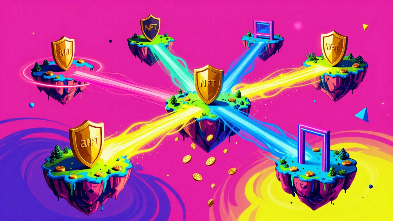 Colorful cosmic scene of floating islands representing different NFT marketplaces and royalty flows.