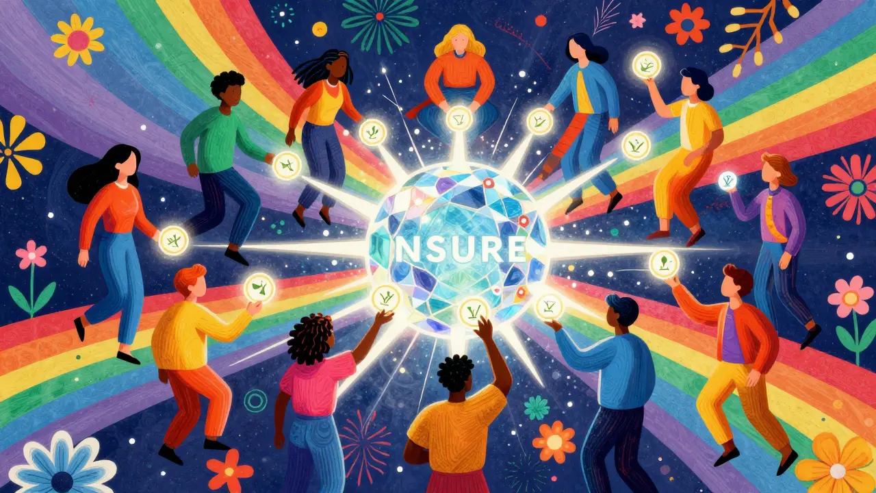 Colorful figures in a cosmic setting voting with glowing tokens in a Peter Max art style.