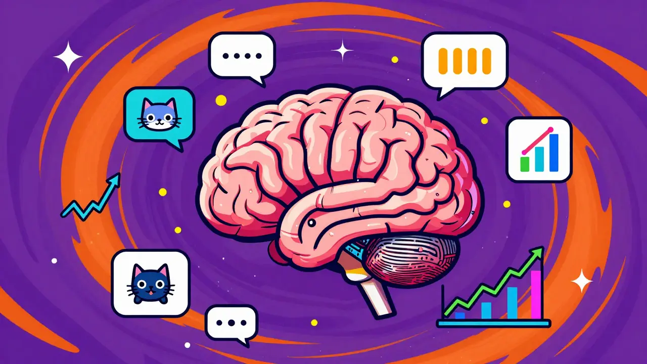 Colorful illustration of a digital brain analyzing crypto data points in a cosmic setting.