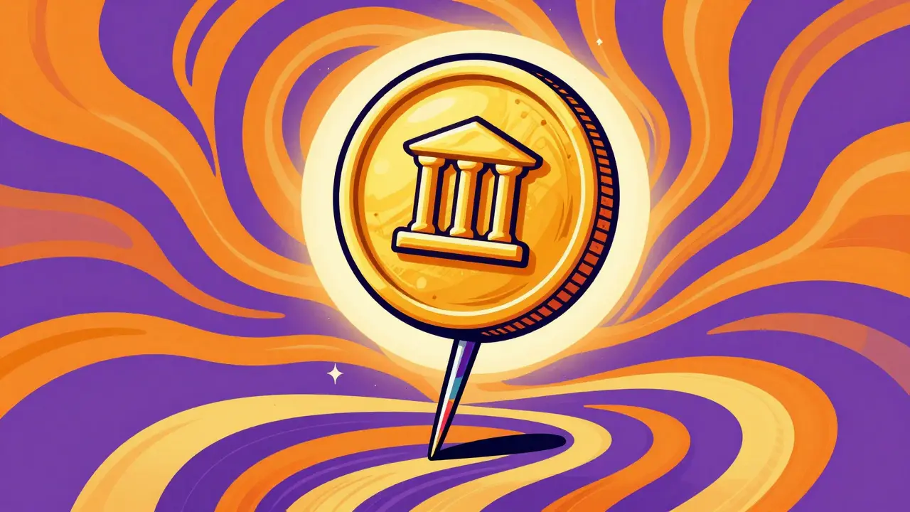 Colorful illustration of a golden coin balancing on a needle amidst psychedelic swirls.