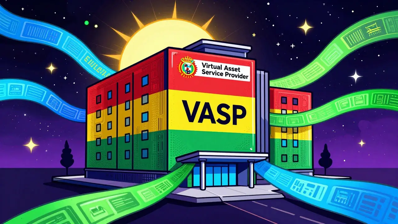 Colorful Peter Max style building representing a licensed crypto exchange with neon digital ribbons.