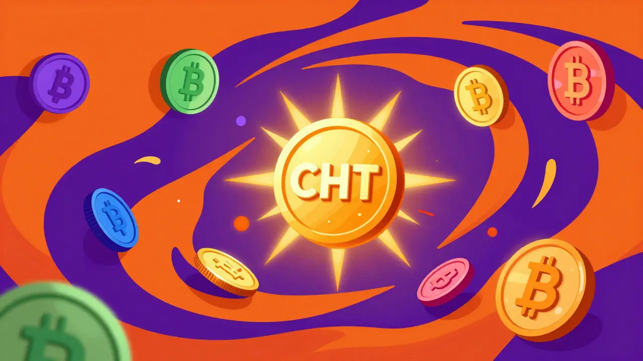 Colorful pop art illustration of glowing digital coins and a central CHT token