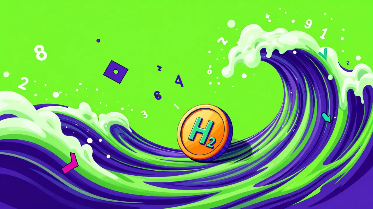 Colorful token riding a giant psychedelic wave of neon green and purple.