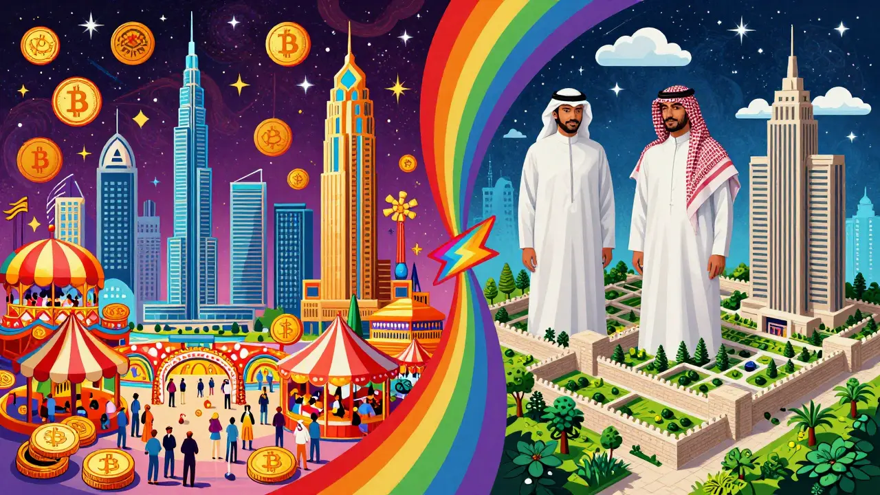 Comparison of a festive crypto market and a structured walled garden financial system