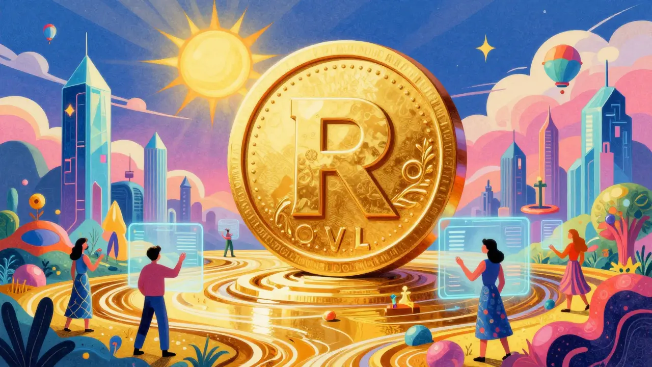 Futuristic psychedelic city with a giant RVLVR token acting as a sun in the sky