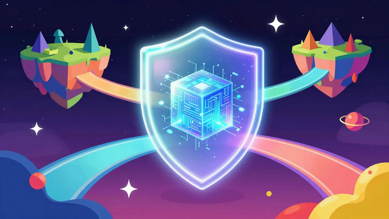 Iridescent shield and colorful bridges connecting floating islands in a cosmic void.