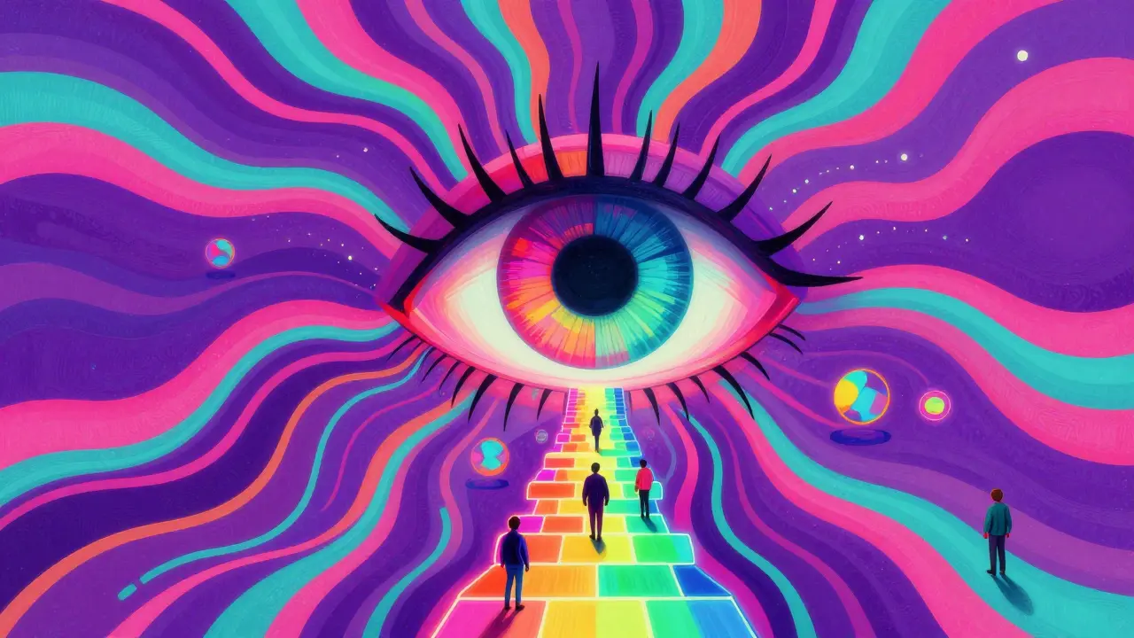 Psychedelic art of a cosmic eye watching a rainbow blockchain path.