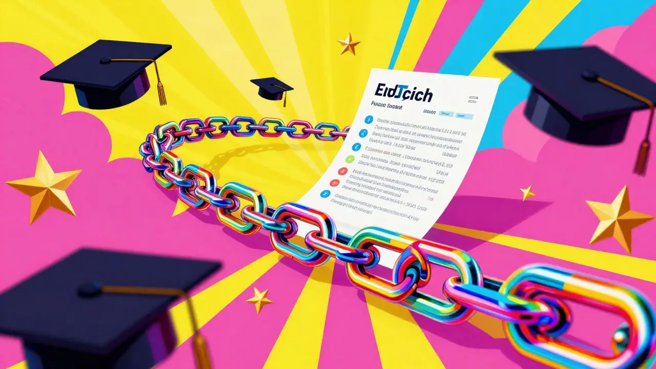 Rainbow blockchain chain with floating graduation caps in a surreal landscape
