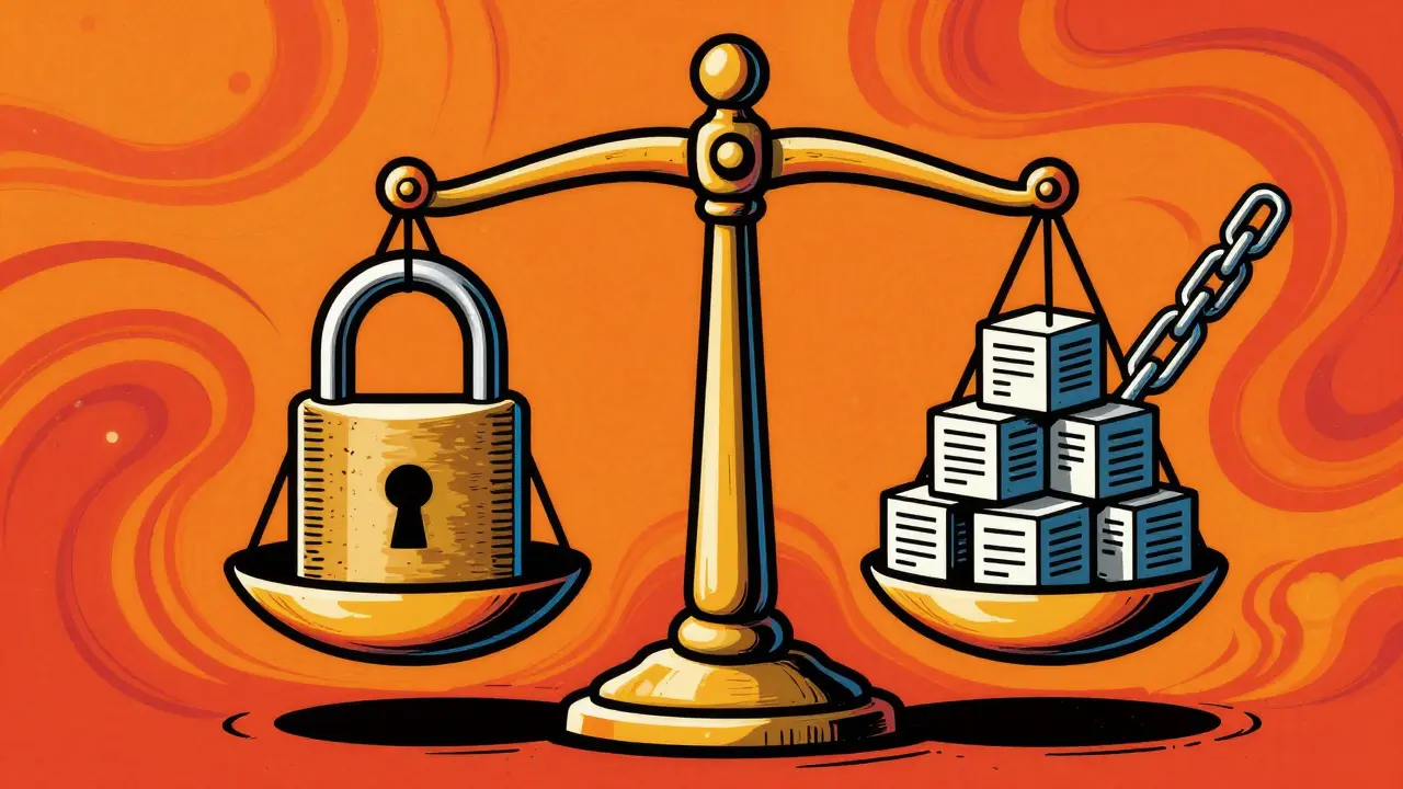 Scale balancing a lock and blockchain block with swirling psychedelic colors.